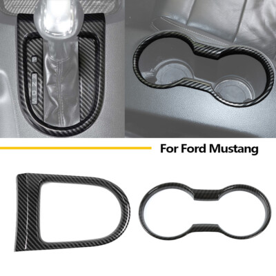 2x Carbon Center Console Gear Shift Panel Cup Holder Cover Set for Mustang 2015+