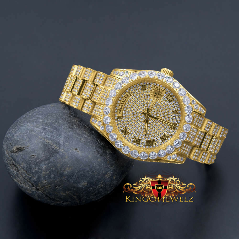 Pre-owned Crown 18k Yellow Gold Finish Solid Stainless Steel Day Date Roman Dial Solitaire Bezel