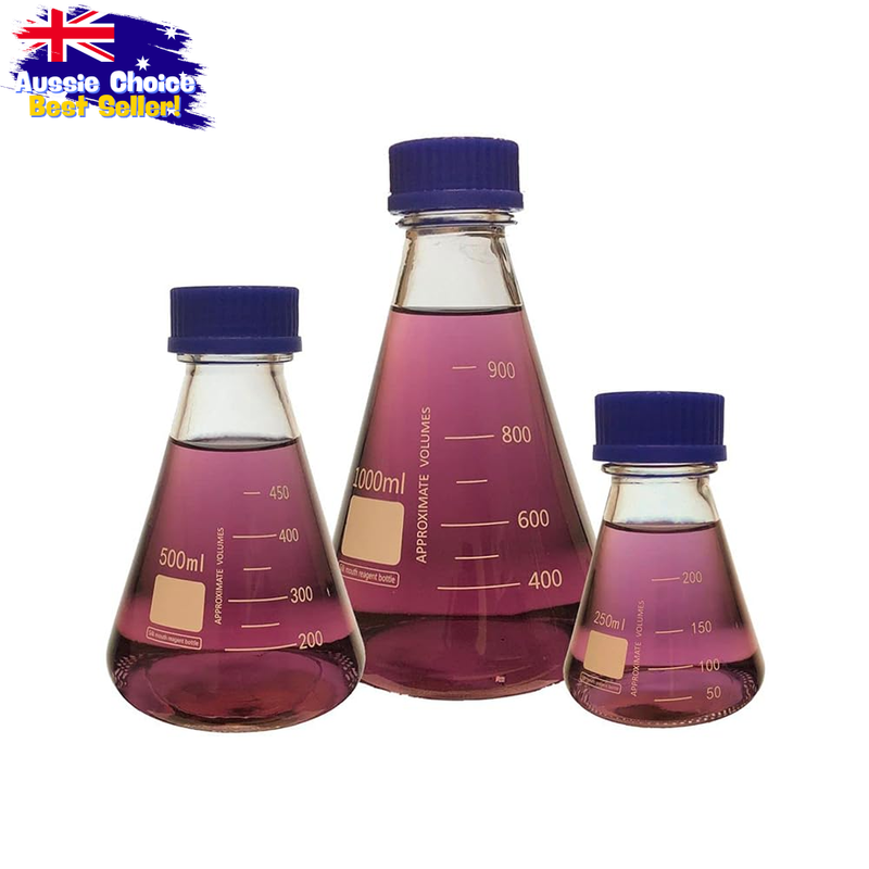 3-Pack Glass Conical Bottles Lab Flasks with Graduated Blue Caps
