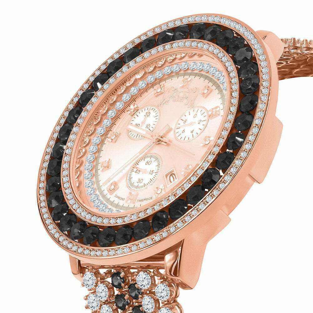 Pre-owned Solitaire Black  Xl Big Face Simulate Diamond 18k Rose Gold Tone W/date Watch