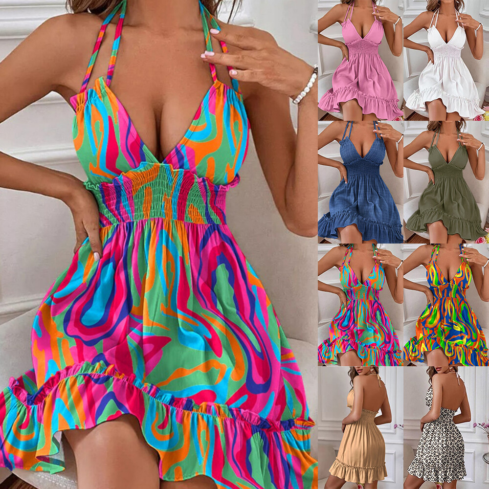 Women's V-Neck Ruffles Strappys Midi Dress Ladies Summer Holiday Casual Sundress
