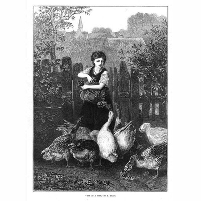 E KNAUS One at a Time Victorian Girl Feeding Geese - Antique Print 1873