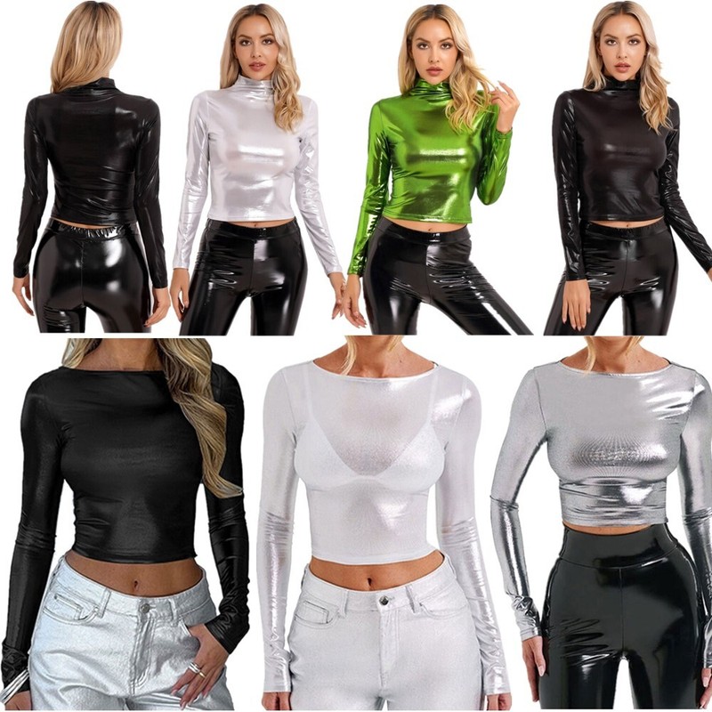 Women's Shiny Metallic Tops Long Sleeve Disco Party Slim