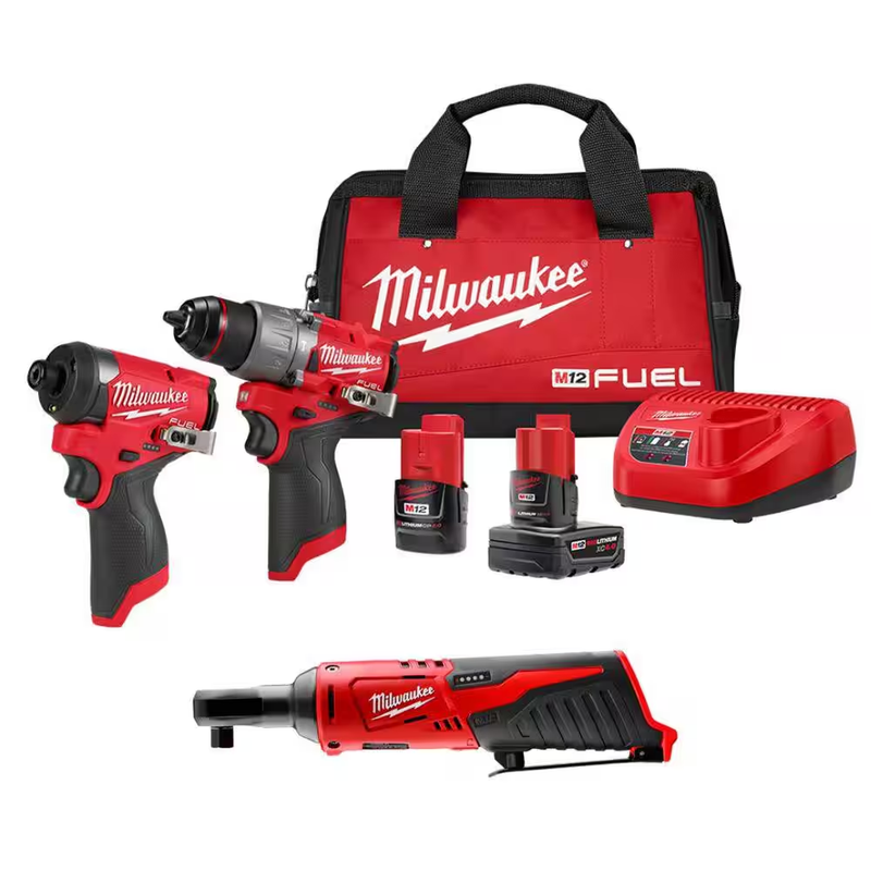  Cordless Drill Impact Driver Ratchet Set Combo Kit 2 Batteries Milwaukee M12