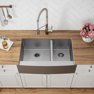 KRAUS Standart PRO Farmhouse Apron Front Double Bowl Kitchen Sink 33" Stainless