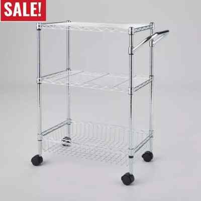 US 3 Tier Metal Utility Cart Chrome, Rolling Kitchen Storage, Adjustable Shelves