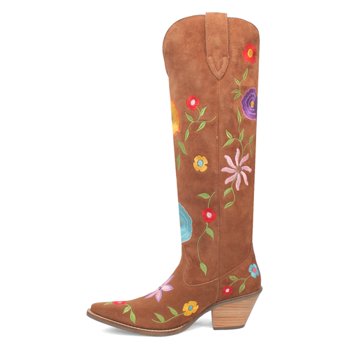 Pre-owned Dingo Flower Power Embroidered Floral Snip Toe Cowboy Womens Brown Casual Boots