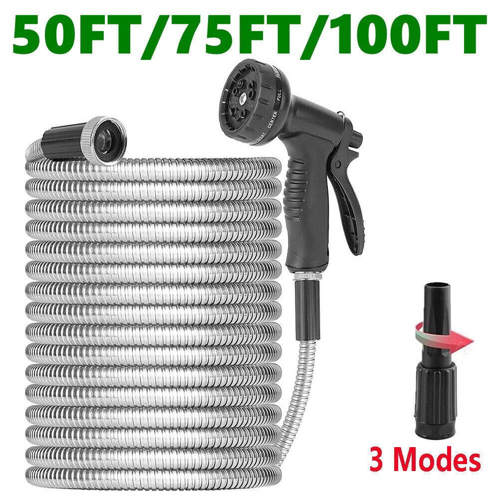 100FT Stainless Steel Garden Water Hose Flexible Patio Home Heavy Duty Sprayer