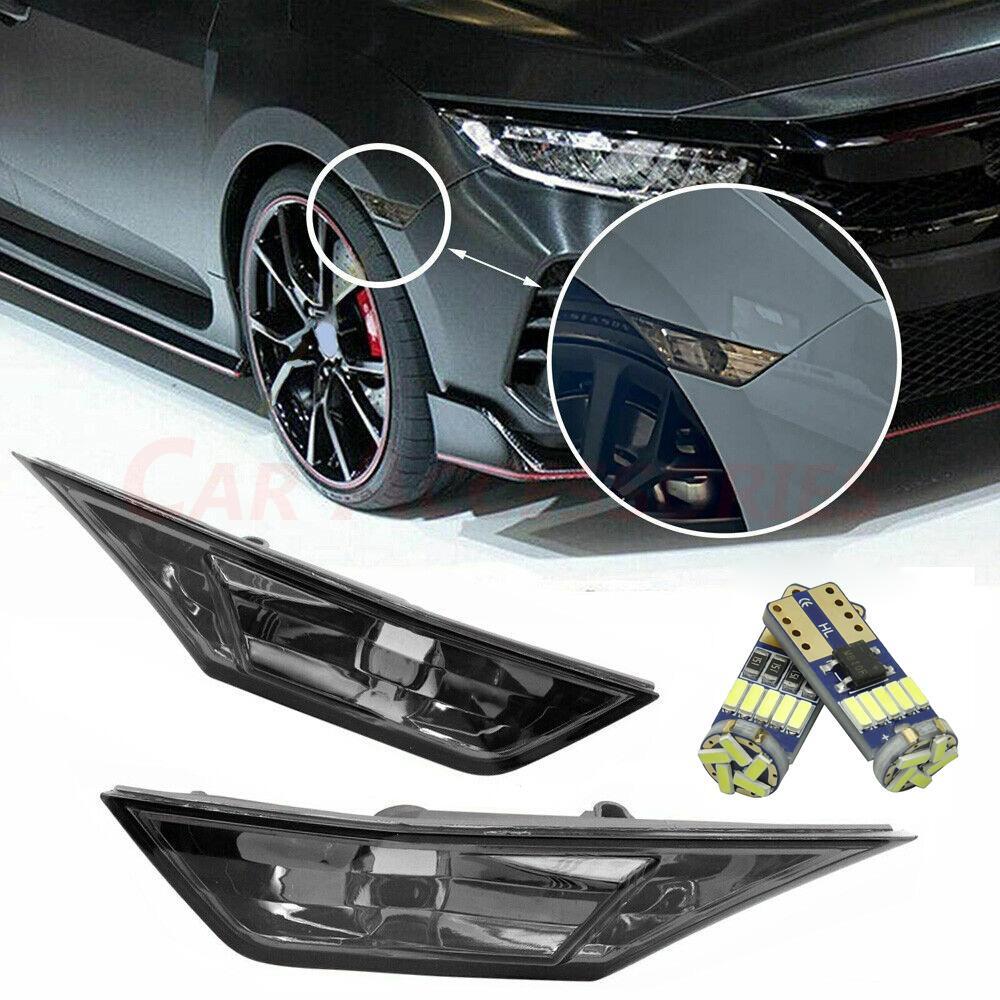 FOR 2016-2021 HONDA CIVIC SMOKED SIDE MARKER LAMP TURN SIGNAL LIGHT W/ LED BULBS