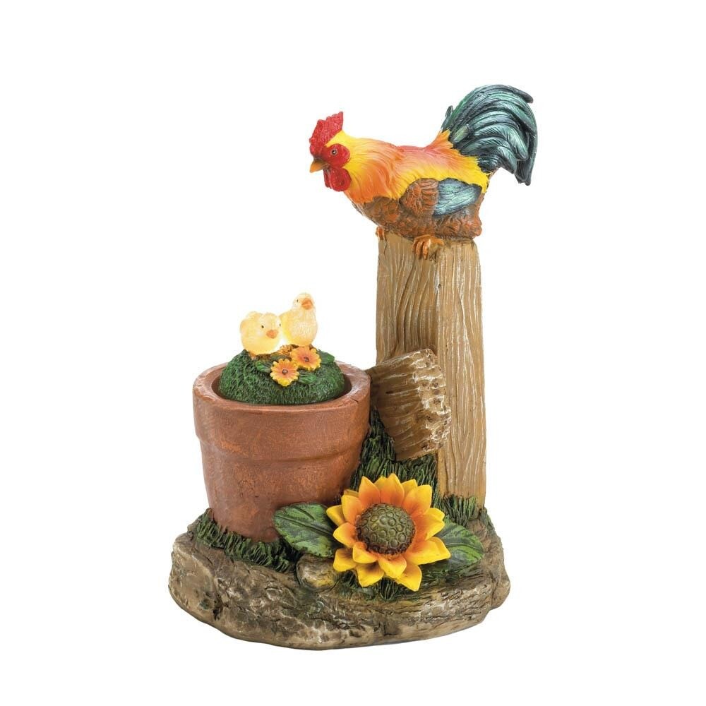 Rooster on Fence Watches 2 Solar Chicks Rotating Terre Cotta Pot Garden Figurine
