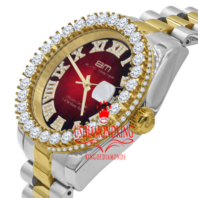 Pre-owned Bling Master 18k 2 Tone Gold Solid Steel Red Dial Simulated Diamond Presidential Mens Watch