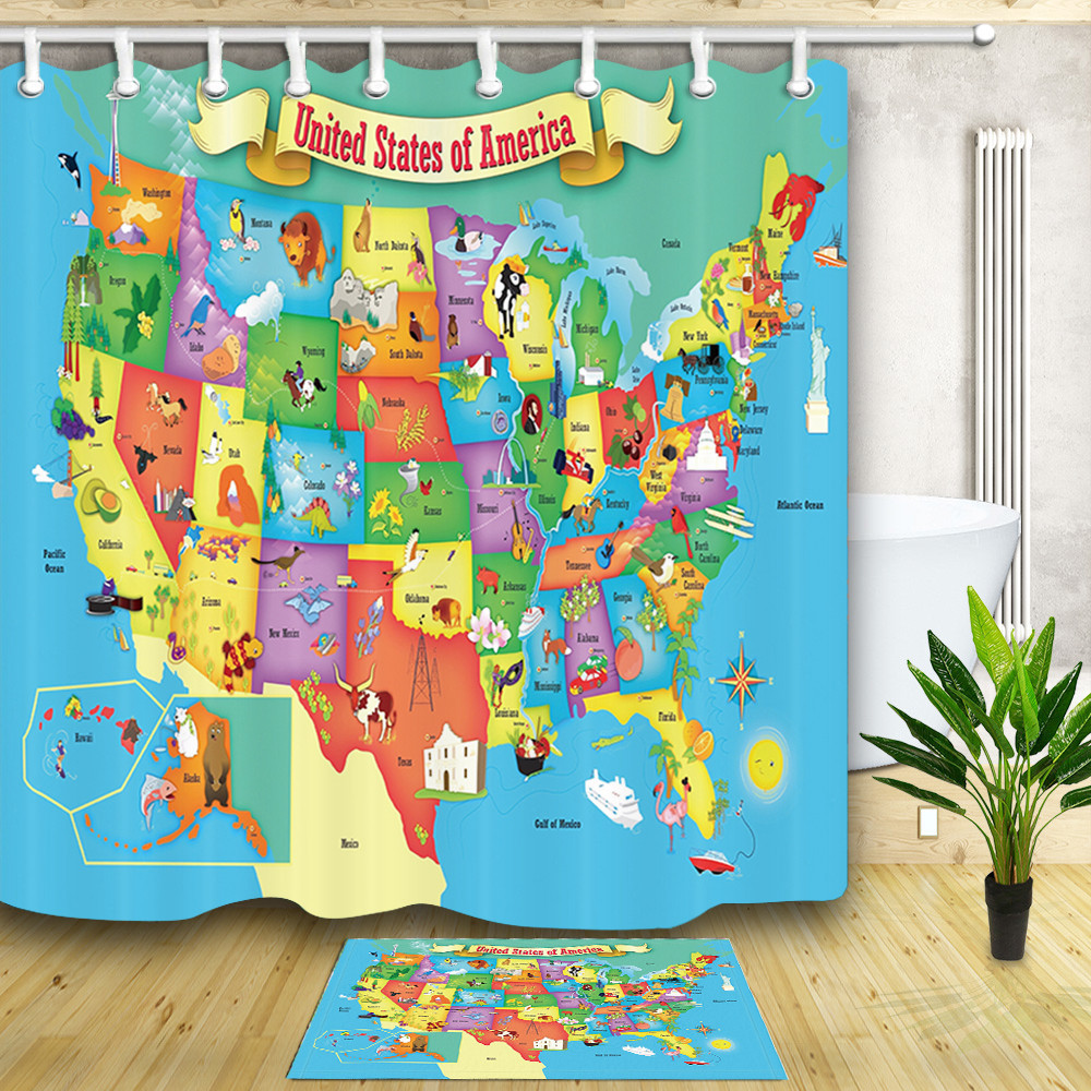 Cartoon Usa Map Kids Curtain Shower Bathroom Decor Fabric 12hooks
