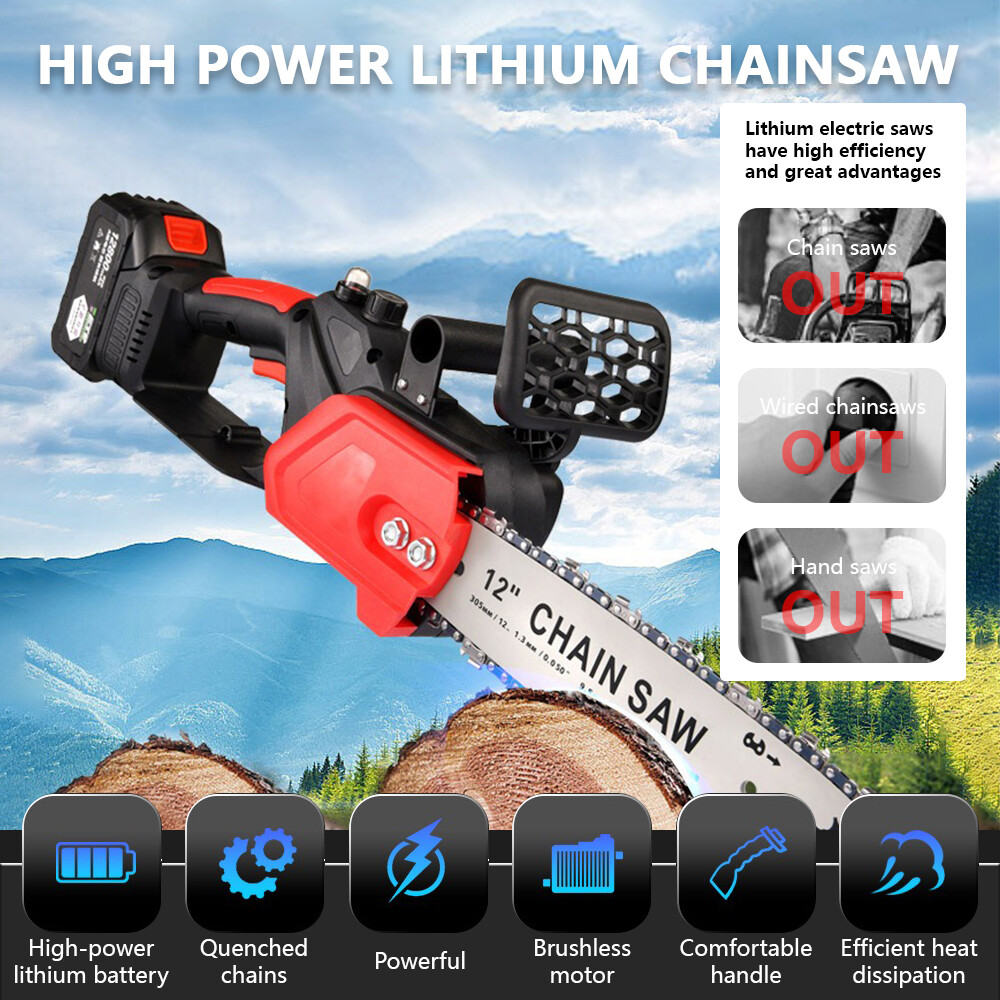 12" Cordless Chainsaw 21V Brushless Electric Handheld Chain Saw +Battery&Charger