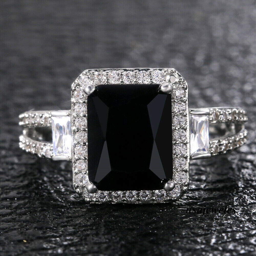 14K White Gold Over 3.20CT Emerald Cut Real Black Onyx Wedding Halo Jewelry Ring