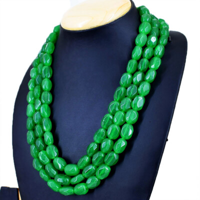985.00 Cts Earth Mined Faceted Green Emerald Oval Beads 3 Line Necklace NK 37E34