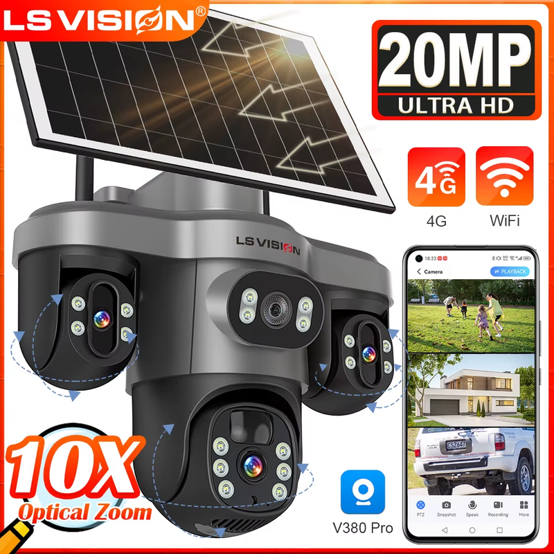 20MP Outdoor Solar Camera 10X Optical Zoom 4G/WiFi Security Camera 3 Screens PIR