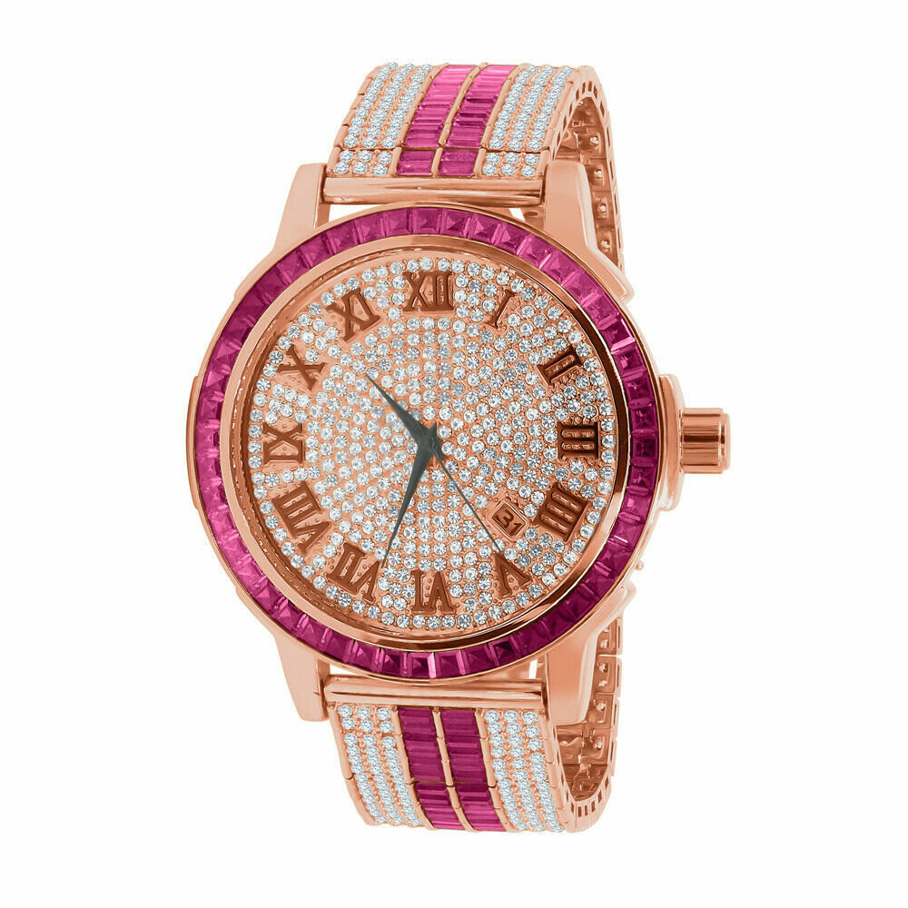 Pre-owned Ice House Roman Numerals Dial Pink Tourmaline Solid Steel Baguette Bezel Custom Band Watch