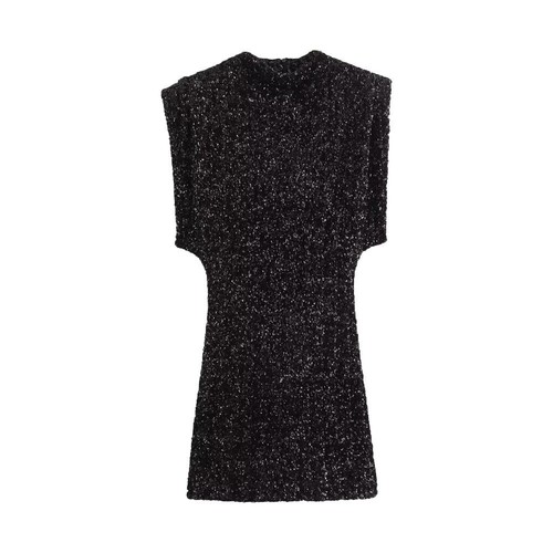 Silm Shoulder Pads Sequin Mini Dress Elegant Round Neck Sleeveless Party Dress