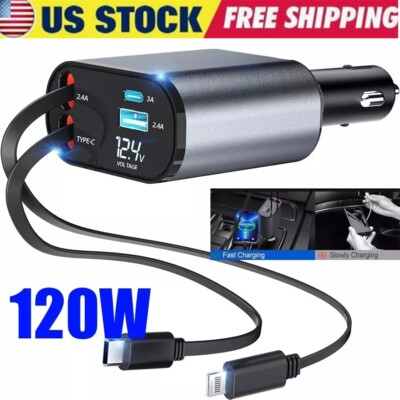 Retractable Car Fast Charger USB Type-C Cable Cord Cigarette Lighter Adapter US