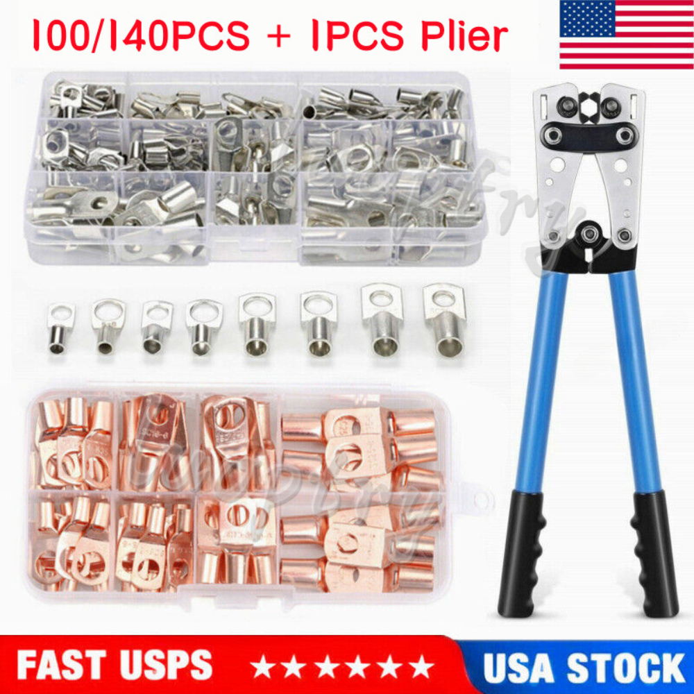 140PCS Cable Lugs Copper Ring Crimp Terminal/Plier Car Battery Wire Connectors