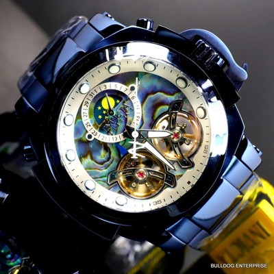 Pre-owned Invicta Man Of War Double Open Heart Automatic Moon Phase Abalone Blue Watch