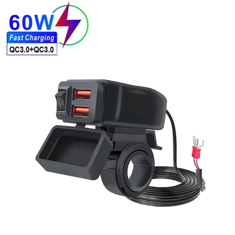 Caricatore USB Moto Rapido PD QC3.0 60W Doppia Presa Impermeabile Voltmetro 12V