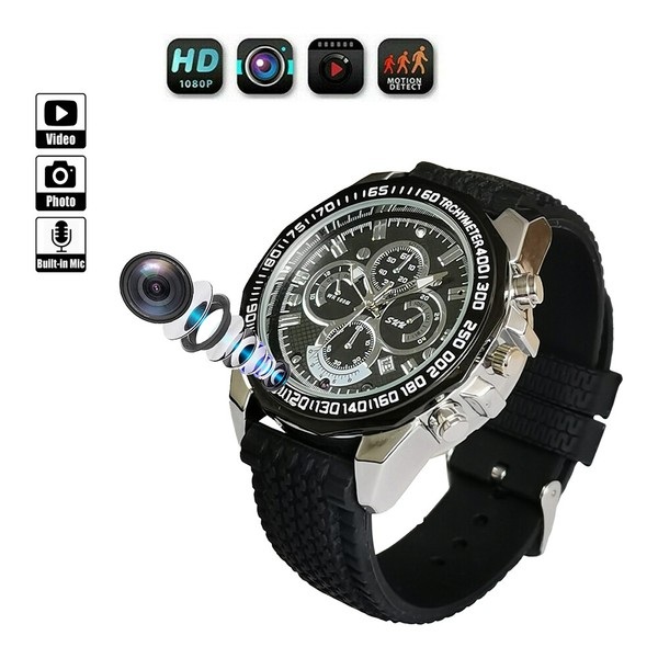 Black camera spy watch with icons.