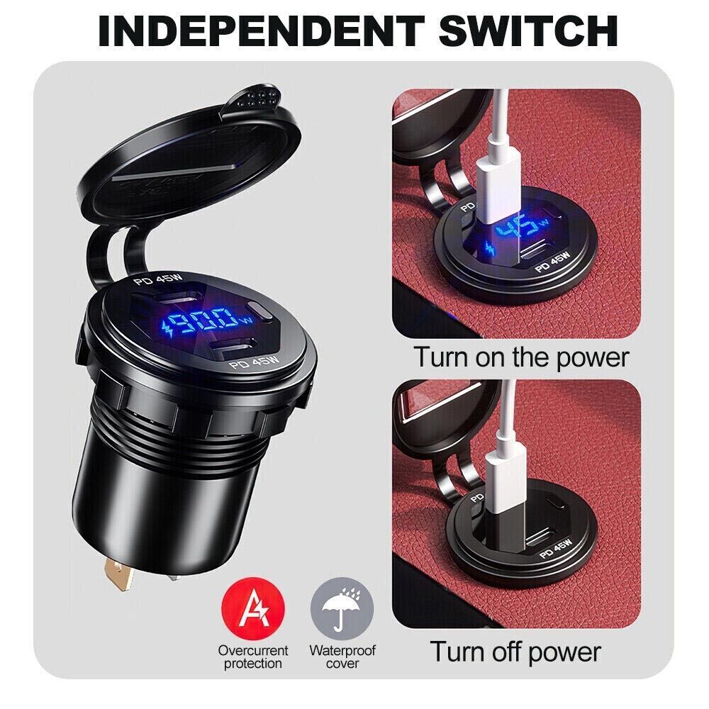 Metal 45W PD Type C Dual USB C Fast Car Charger Socket 12V/24V Car Power Outlet