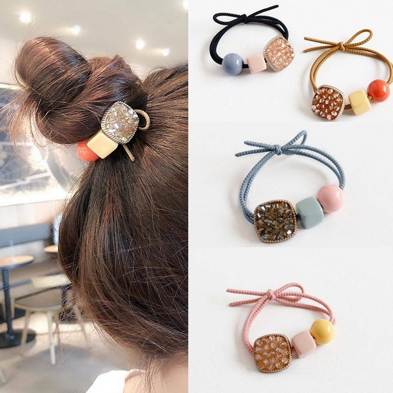 Fashion Pretty Candy Color Square Crystal Hair Rope Girls Women