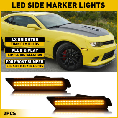 Smoked Lens For 10-15 Chevy Camaro Side Marker Light Amber LED Front Bumper Lamp