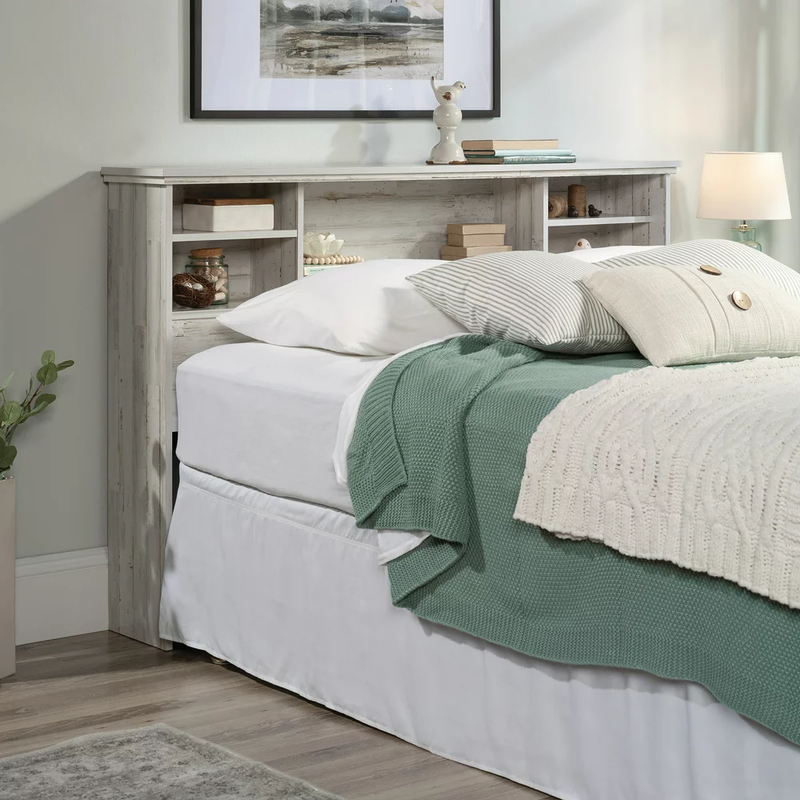 Sauder River Ranch Rustic Wooden Full-Queen Bookcase Headboard in White Plank