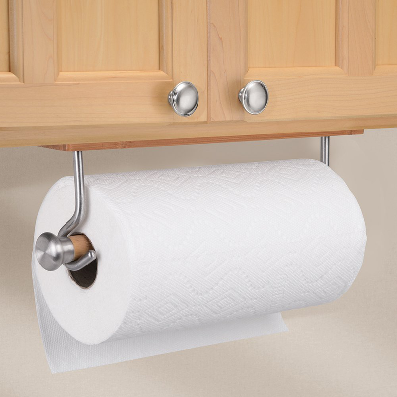 Wall Mount Paper Towel Holder Under Cabinet Home Kitchen Bamboo Steel Dispenser
