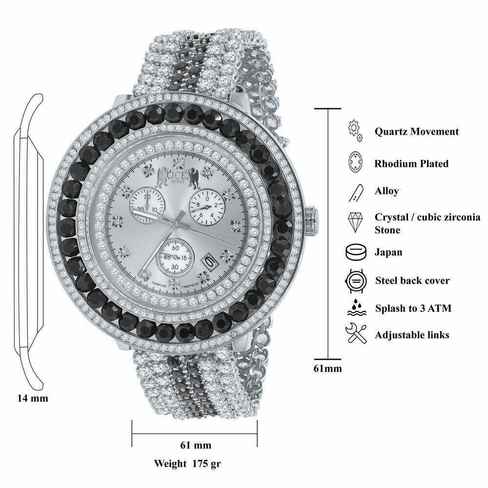 Pre-owned Ice House Big Xl 60mm Custom Watch White Gold Finish Real Diamond Dial Onyx Black Bezel