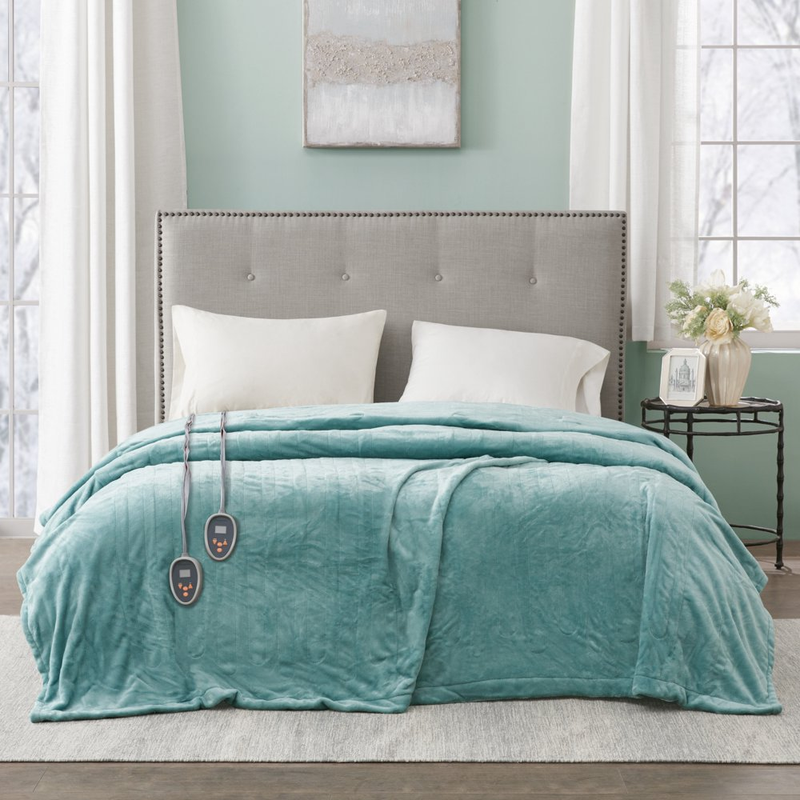 Electric Heated Blanket Queen Size Blue Soft Plush Auto Shut