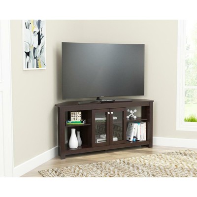 Inval Corner TV Stand 49 in. Adjustable Shelves Brown Wood Assembly Required