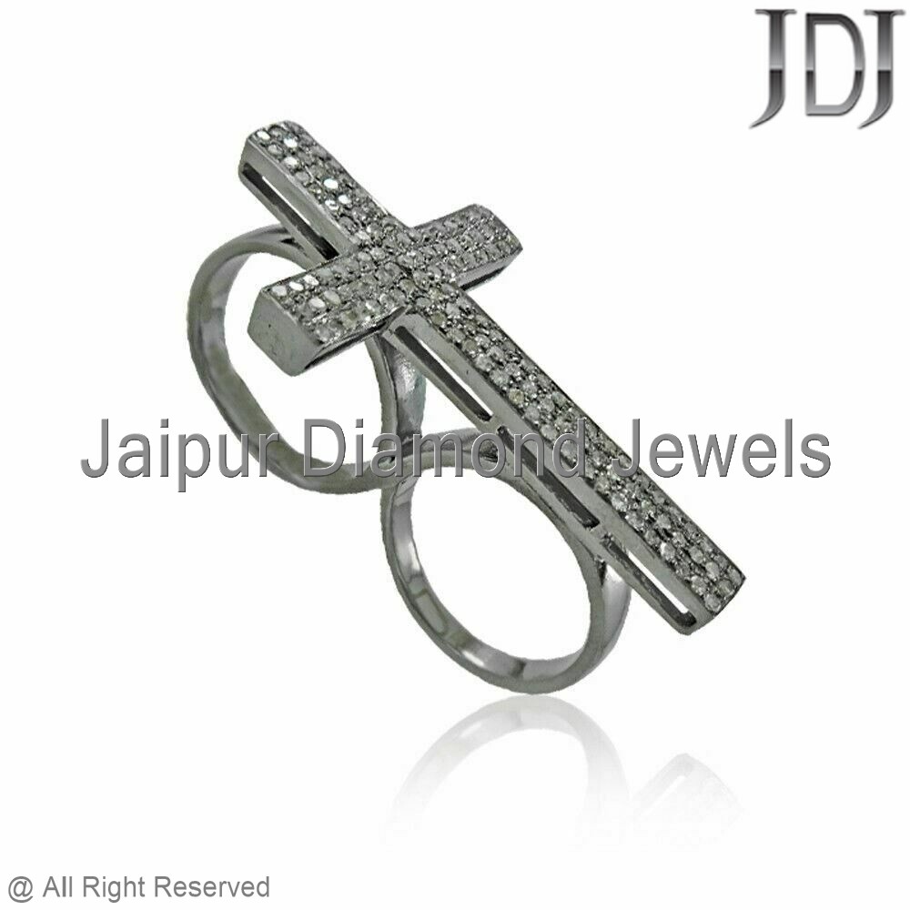 Natural Pave Diamond 925 Silver Double Finger Knuckle Cross