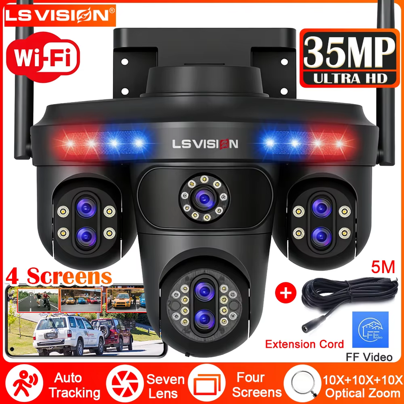 36MP WiFi Security Camera 10X Optical Zoom 4 Screen & 7 Len & 3 PTZ Wireless IP