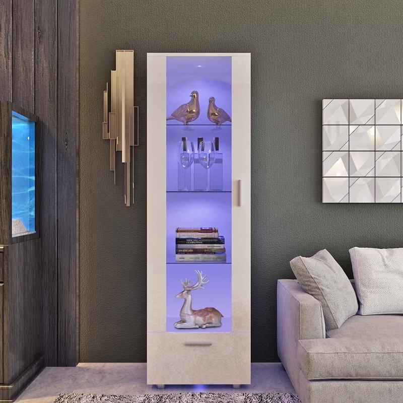 Modern Tall Display Cabinet Unit High Gloss White Glass Shelves