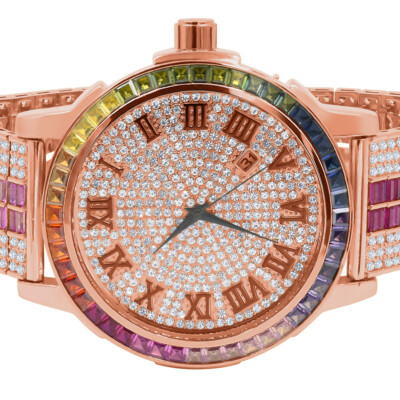Pre-owned Ice House Mens Rose Gold Roman Numeral Rainbow Multi Dial Solid Steel Bezel Diamond Watch