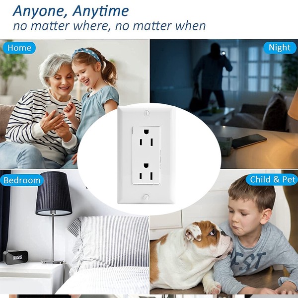 Smart outlet in various home settings with family and pet.