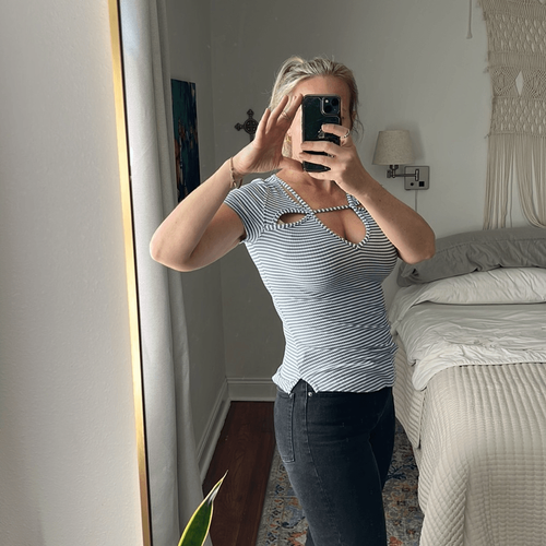 Free People Shirt Womens Small Blue White Stripe Cut Out Short Sleeve Tee Top