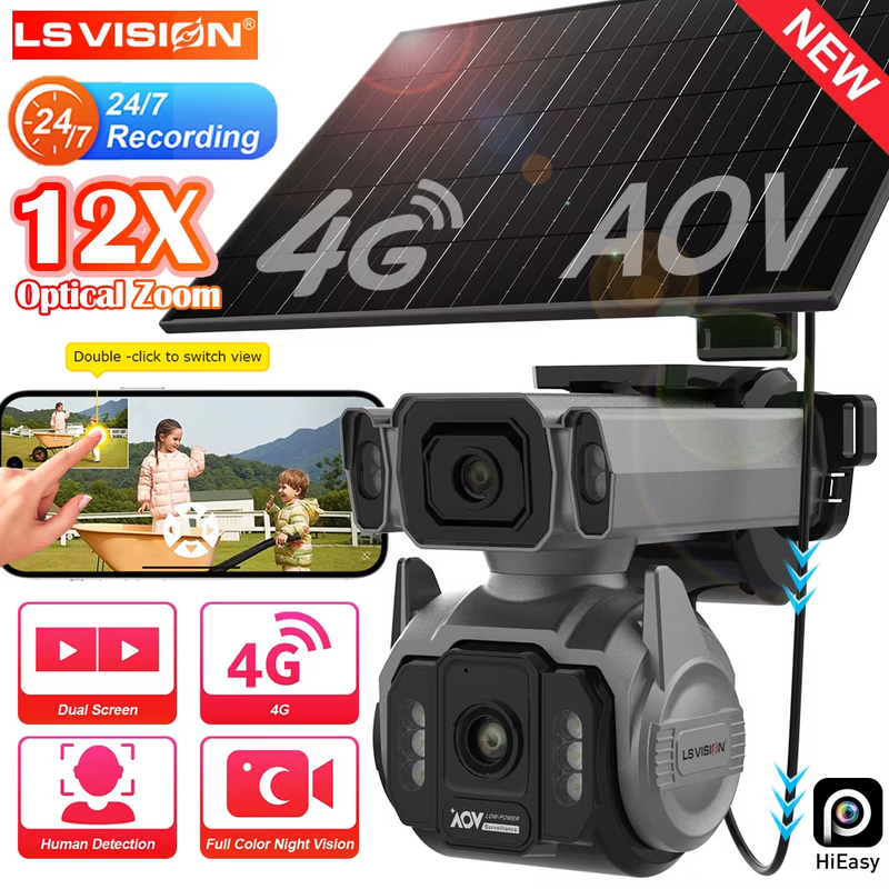 10MP AOV 4G Solar Camera 12X Optical Zoom Dual Screens 7/24 Recording Outdoor Su