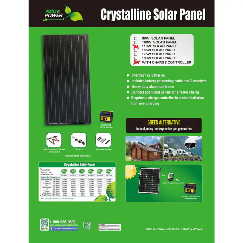110-Watt Polycrystalline Solar Panel with 11Amp Charge Controller Aluminum Frame