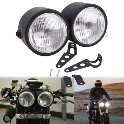 Black Twin Headlight Motorcycle Double Dual Lamp Street Fighter Universal