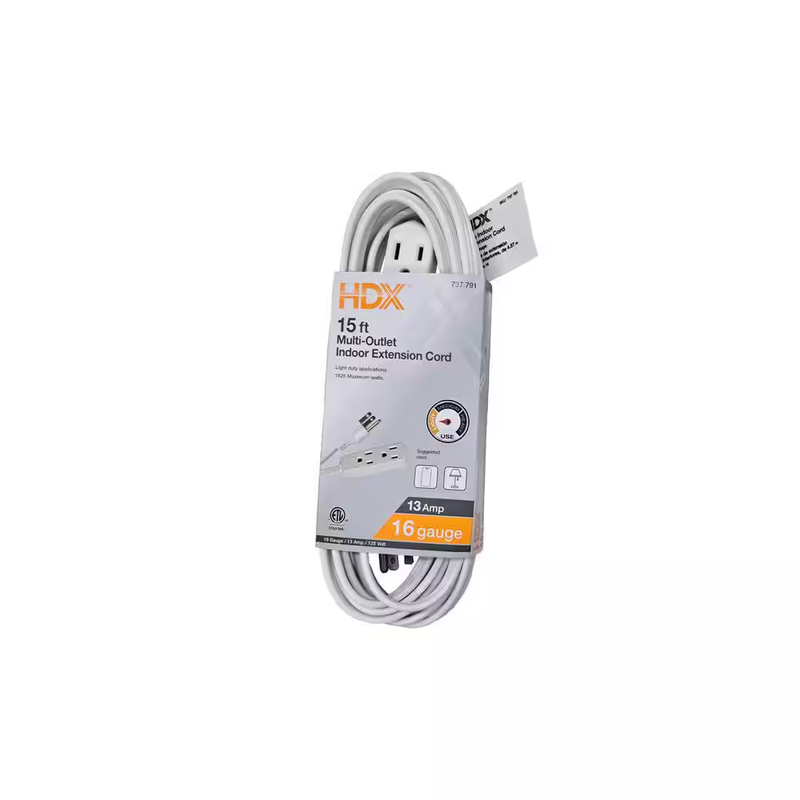 Extension Cord 15 Ft 16 3 Indoor 3 Outlet Grounded 13 Amp 125V 1625W Power Cord