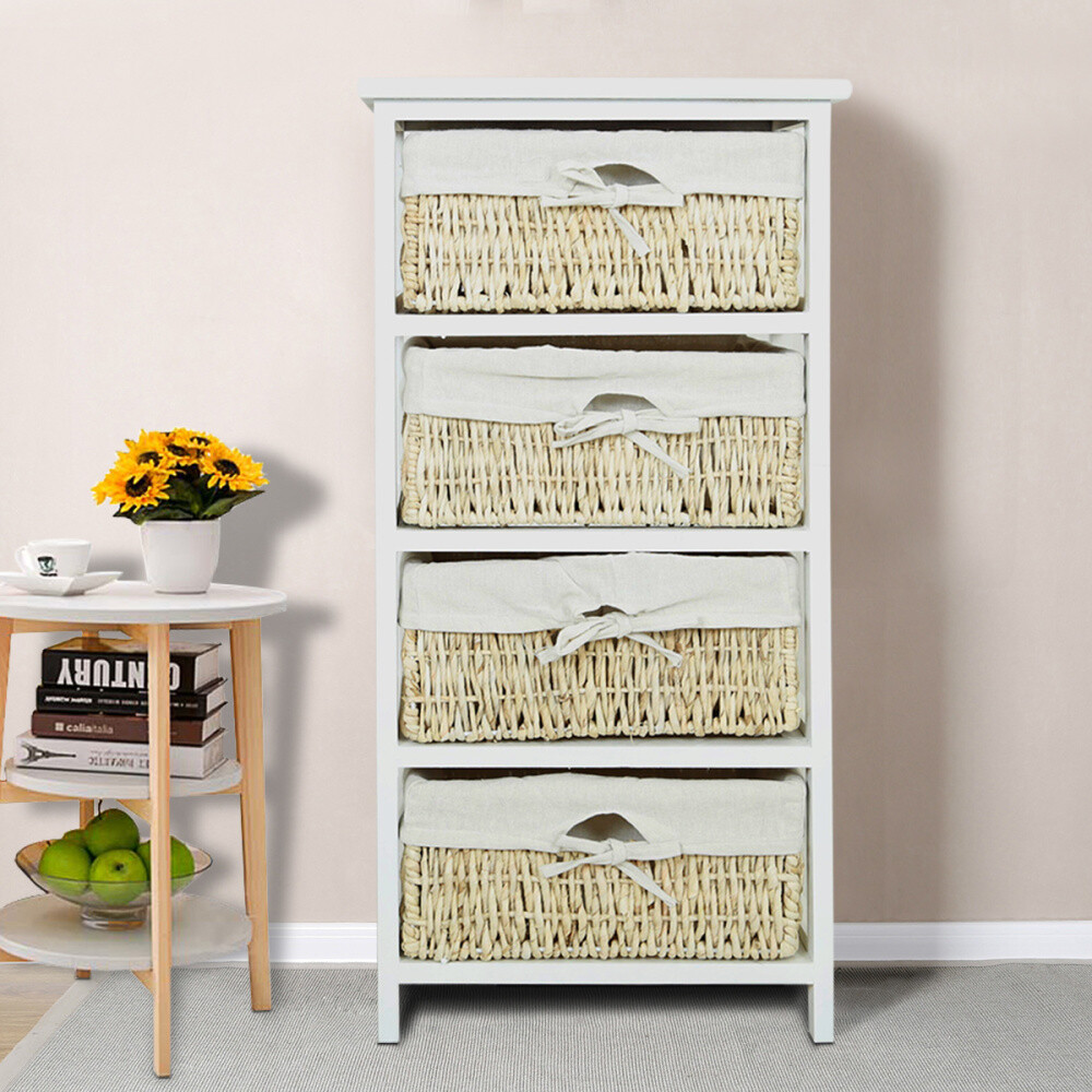 4 Tier Chest Of Drawers Baskets Wicker Storage Cabinet Hallway