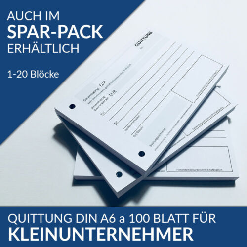 Quittungsblock für Kleinunternehmer DIN A6 100 Blatt, Quittung § 19, gelocht ...