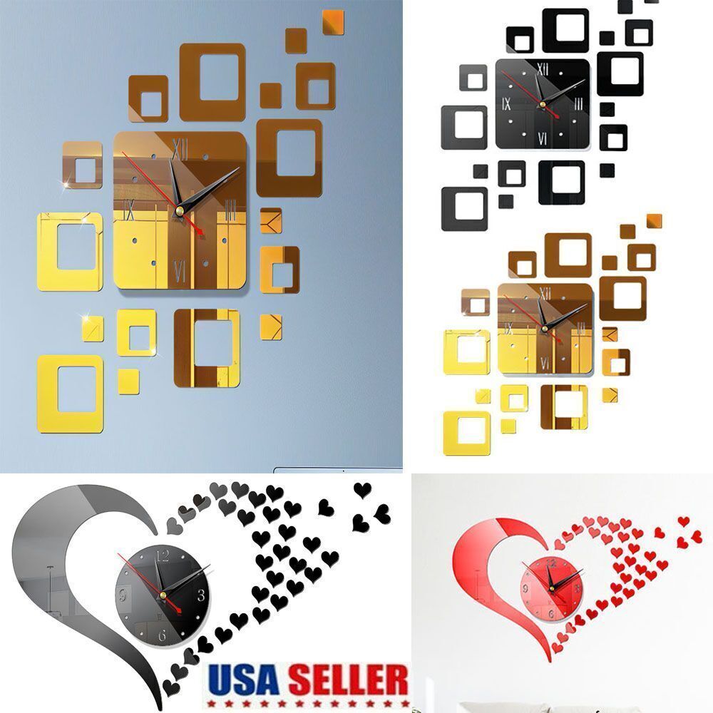 3D DIY Large Number Mirror Wall Clock Sticker Square Heart D