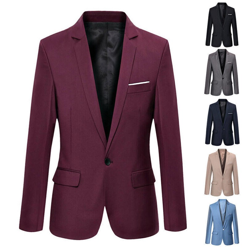 Men One Button Suit Jacket Dress Lapel Blazer Coat for Business Formal Party .
