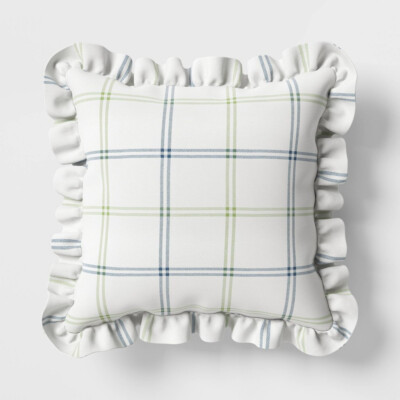 Threshold Studio McGee White Plaid Ruffle Indoor Outdoor Throw Pillow 19'' x 19''
